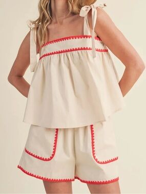 &merci One That I Want Set Small Cream Red Trim Tie Strap Cotton Shorts 2 Piece